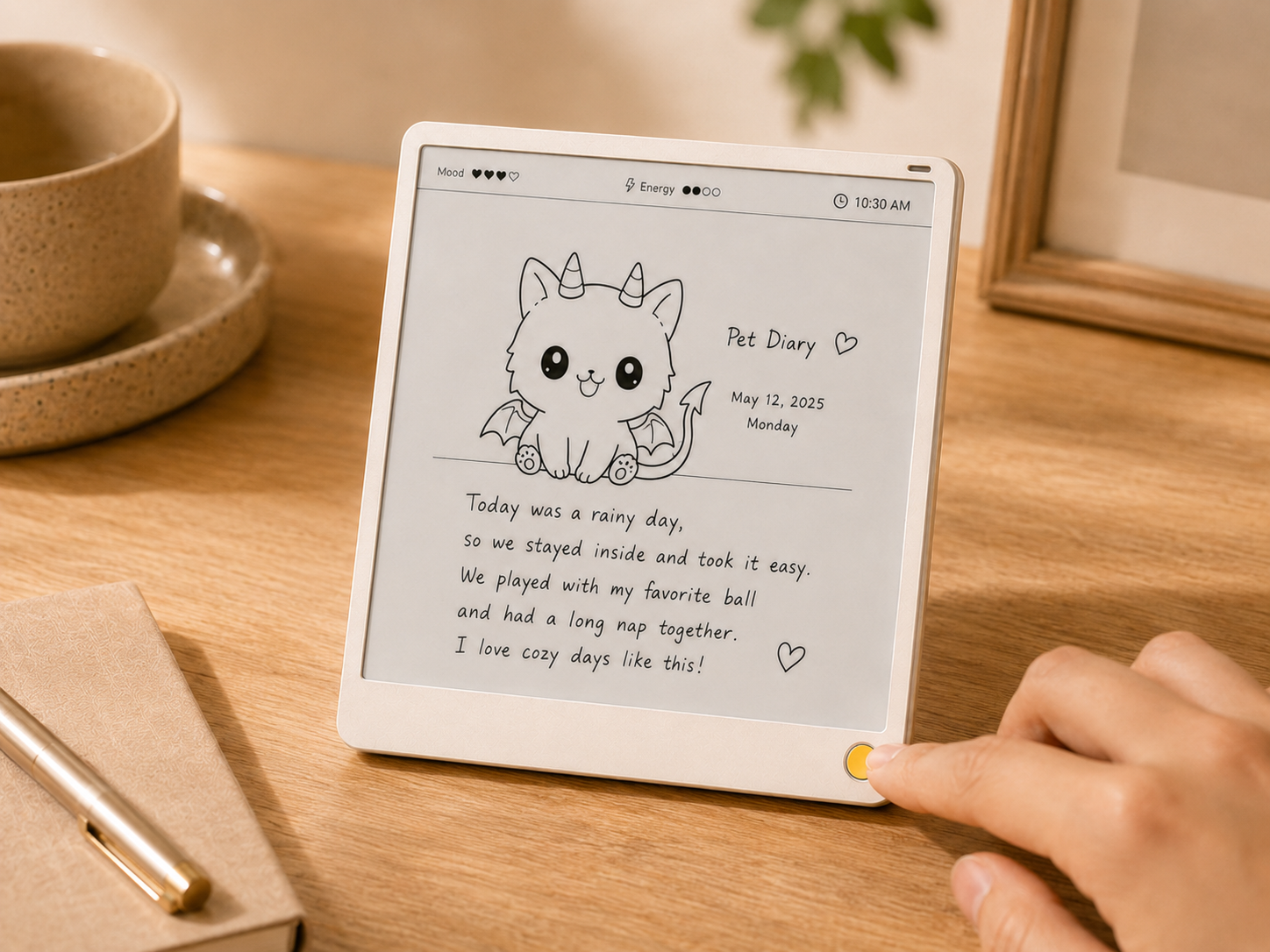 Vivlet showing a pet diary entry on an e-ink screen